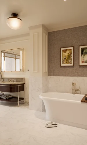 Luxury penthouse bathroom with marble floors, a freestanding tub, wood accents, and elegant textured wall paneling.