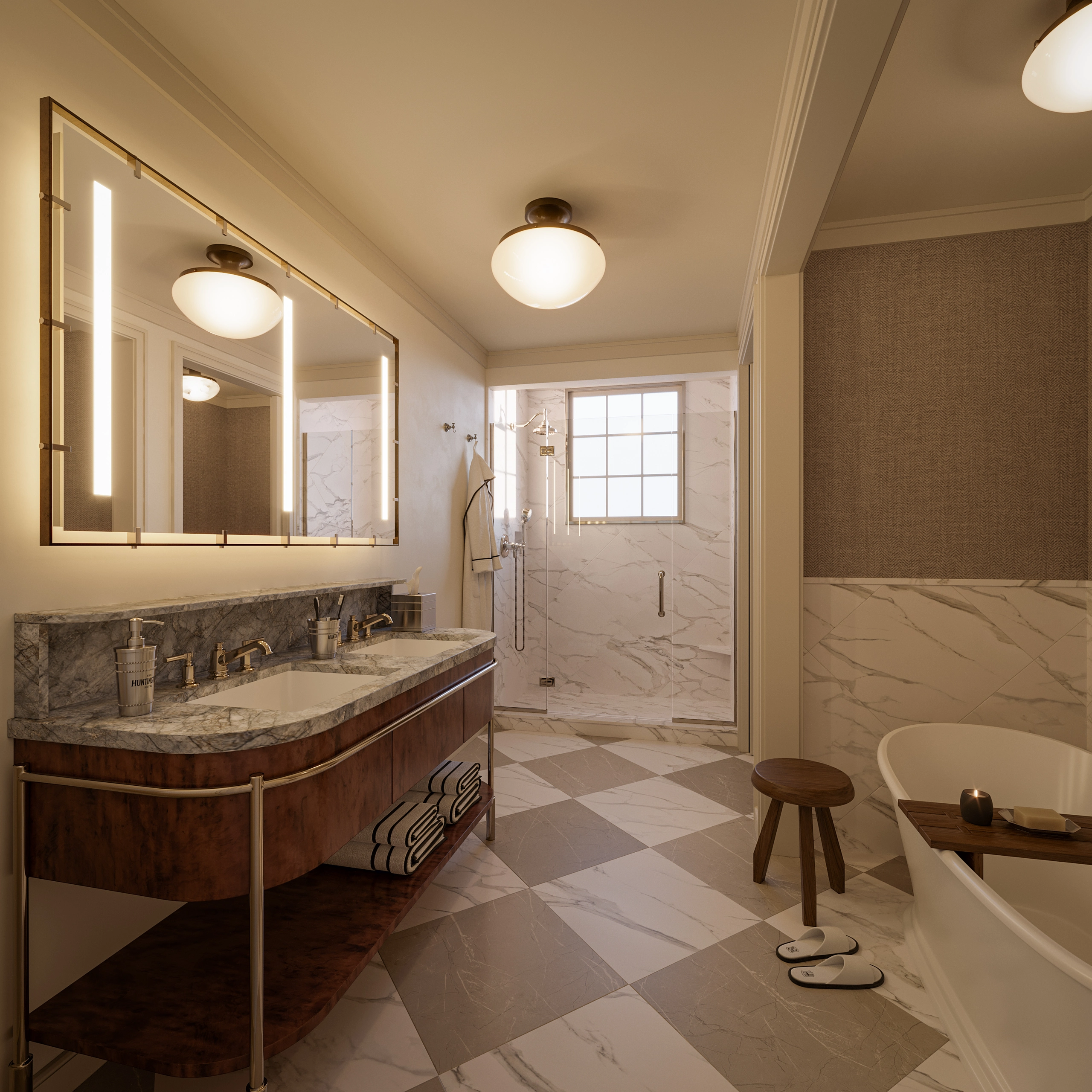 Elegantly decorated bathroom featuring marble floors, vanity, and walk-in shower.