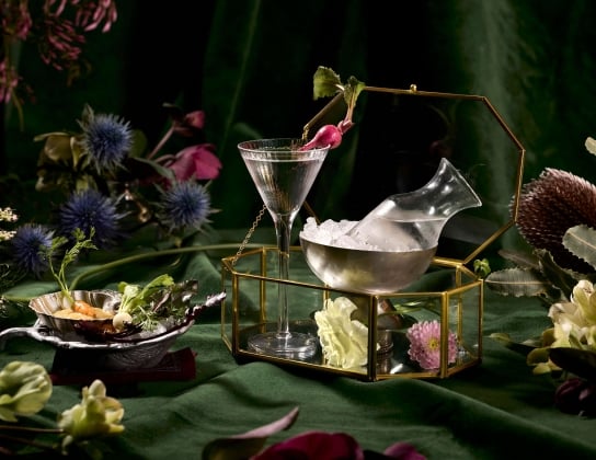 A sophisticated cocktail setting featuring a clear, long-stemmed martini glass and a small, tilted clear glass decanter resting in a bowl of ice