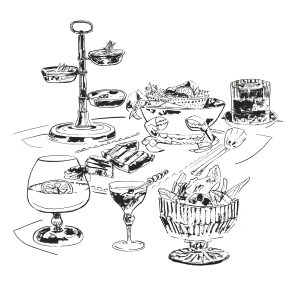 An illustration of cocktail party food and beverages